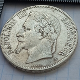 5 франков, Франция, 1870 год, А, император Наполеон III, серебро 0.900 24.68 грамма, фото №2