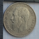 5 франков, Бельгия, 1869 год, король Леопольд II, серебро 0.900, 24.43 грамма, фото №3