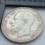 5 франков, Бельгия, 1869 год, король Леопольд II, серебро 0.900, 24.43 грамма, фото №2