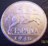 5 центавос 1945 року. ( уряд фашистів 1939-47) Іспанія, фото №2