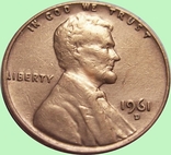 15.США 1 цент, 1961 г., Lincoln Cent  Отметка мондвора: "D" - Денвер, фото №2