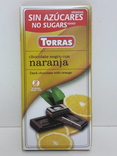 Шоколад без сахара Torras черный с кусочками апельсина Испания 75г, фото №2