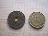 Две монеты Дании 5 эре и 1 крона 1929 и 1925 гг., фото №2
