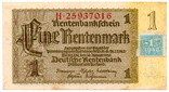 Банкнота Германия 1 рентная марка 1937 год с маркой оценки -1- 1948 год (ГДР) (VF), фото №2