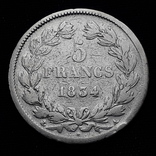 5 франков, Франция, 1834 год, А, серебро 900-й пробы 25 грамм, фото №2