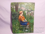 Портрет женщины в саду. Картон, масло. Размер 22,5х32 см., фото №2
