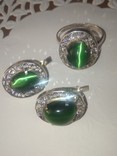 Серебряные Серьги и Кольцо.Камень Зеленый Хризоберилл., фото №3