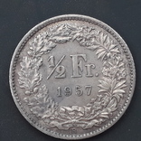 ½ франка, Швейцария, 1957 год, серебро, 835-я проба, 2.5 грамма, фото №2