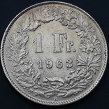 1 франк, Швейцария, 1963 год, серебро 835-й пробы, 5 грамм, фото №2