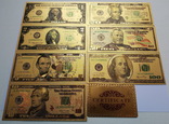 Набор золотых банкнот ДОЛЛАРЫ США (7 шт.+сертификат), фото №3