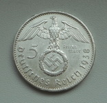 5 Марок 1938 г. (А), Третий Рейх свастика, серебро, фото №4
