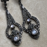Серебряные серьги с лунным камнем и марказитами, фото №7