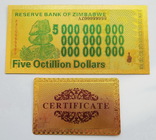 Золотая банкнота Зимбабве 5 октиллионов долларов + сертификат, фото №2