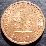 Германия 1 пфенниг 1987 год Метка монетного двора (D) Мюнхен  (500), фото №3