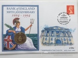 Монета Великої Британії 2 фунти 1994 року, 300-річчя - Банк Англії. конверт з маркою, фото №2
