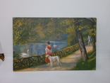 Открытка Девушка гуляет у  пруда с собакой. Свидание с кавалером, фото №2