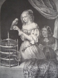 Старинная гравюра Дама с попугаем, фото №4