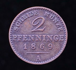 2 Пфеннига 1869 А, Пруссия, фото №2
