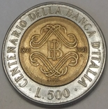 Італія 500 лір, 1993 100-та річниця - Банк Італії, фото №2