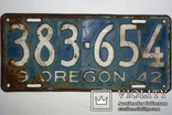 Номерной знак. Aвтомобильный номер США  st. Oregon 1942 года., фото №2