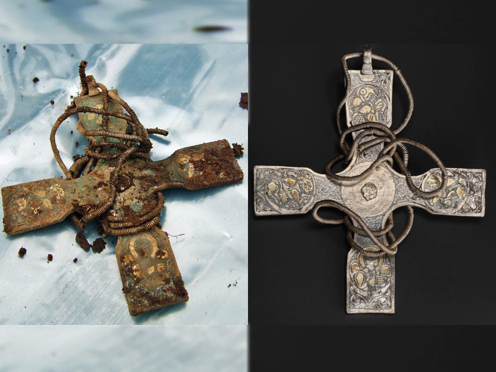 Anglo-Saxon silver cross before and after the complex process of removing 1000 years of dirt.