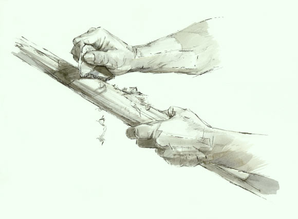Homo heidelbergensis обробляє деревину за допомогою скребкового інструменту, який пізніше був заточений, 300 000 років тому на території сучасного Шенінгена. Зображення: Benoît Clarys