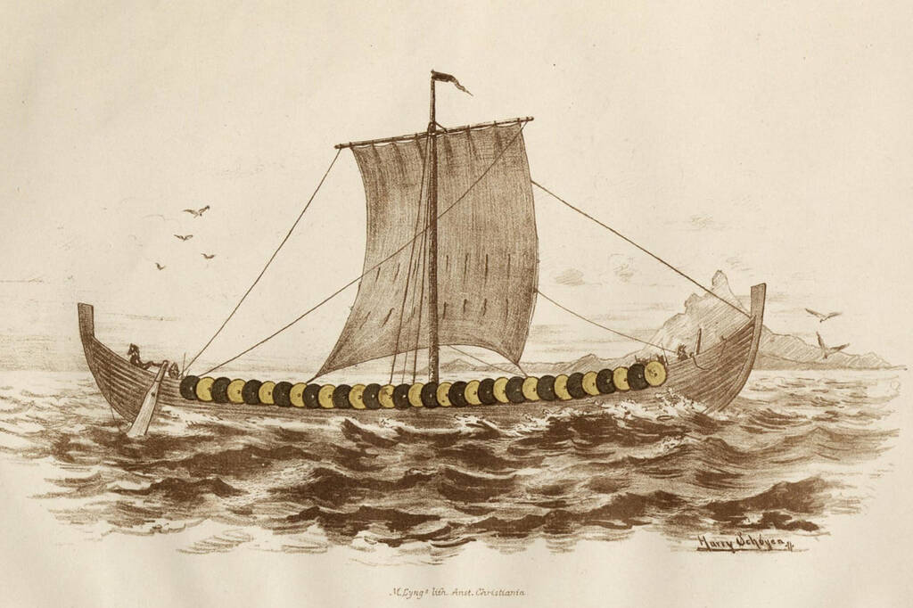 Reconstruction of the longship Gokstad from Nicolaisen's 1882 publication. Drawing by Harry Schoyen.