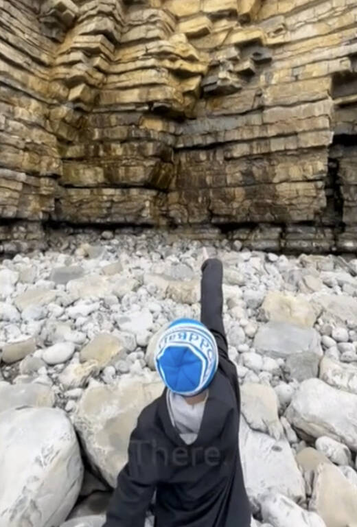 During a walk on the beach, the boy discovered a fossil.