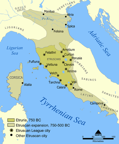 The map shows the spread of the Etruscan civilization and the twelve cities that made up the League of Etrurian Cities. Wikipedia