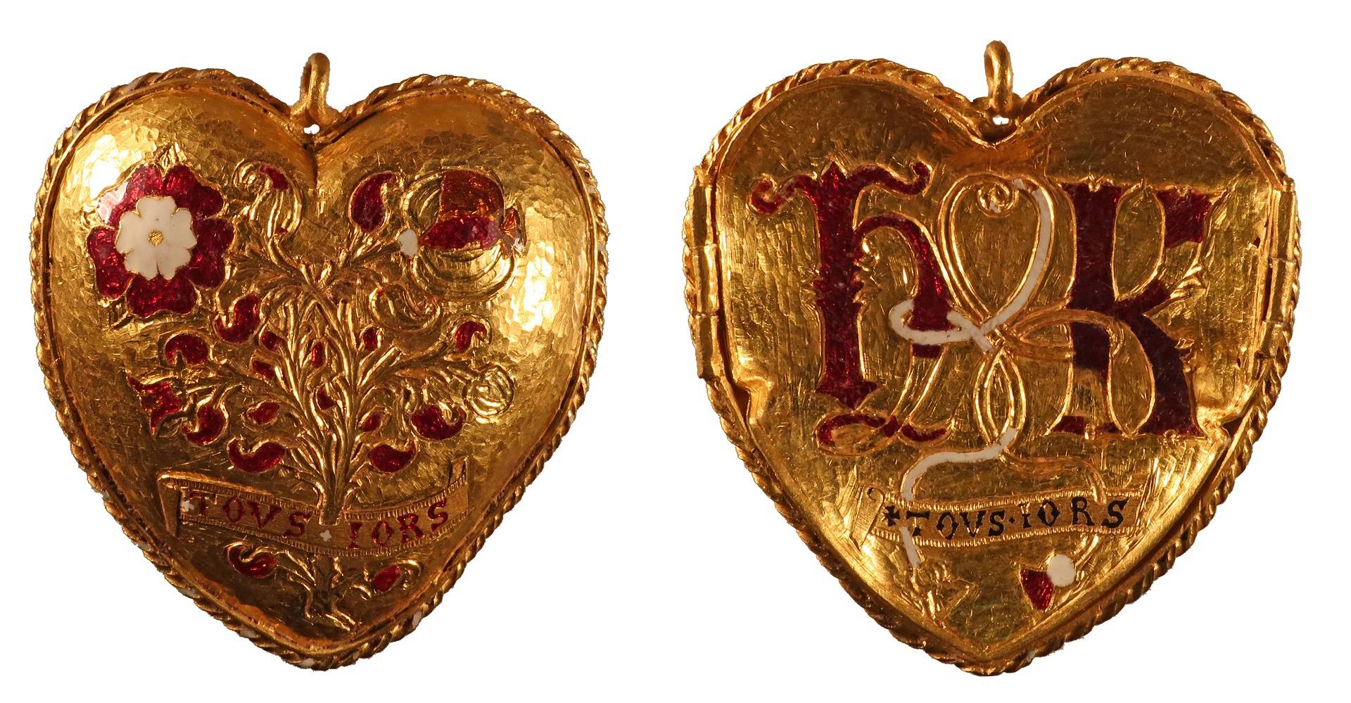 A heart-shaped pendant with initials on the front and a rose and pomegranate image on the back.