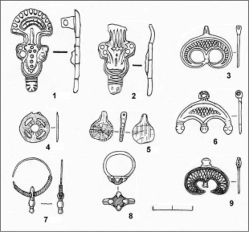 Image: Slavic jewelry from the archaeological sites of Bukovyna: fibulas from Chornivka (1), Nedoboivtsi (2), lunnitsa from Revny (3) and Rydkivtsi (6,9), pendants from Chornivka (4), Rydkivtsi (5) , a temple ring and a ring from Ruhotyn (Korneshti village) (7, 8)