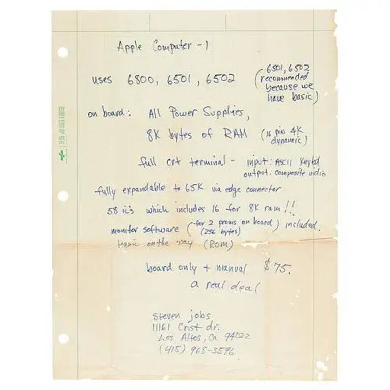 Handwritten advertisement of Steve Jobs for Apple-1 computer