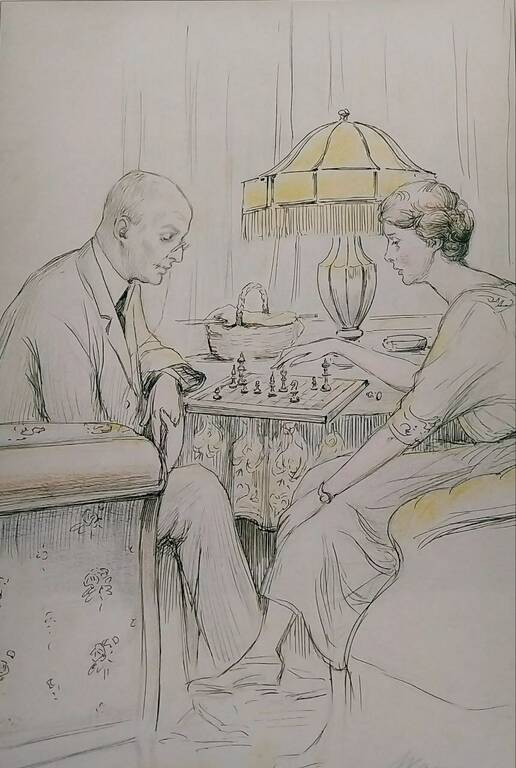 Гетьман Павло Скоропадський з донькою Єлизаветою за грою в шахи. 1922 рік, олівець