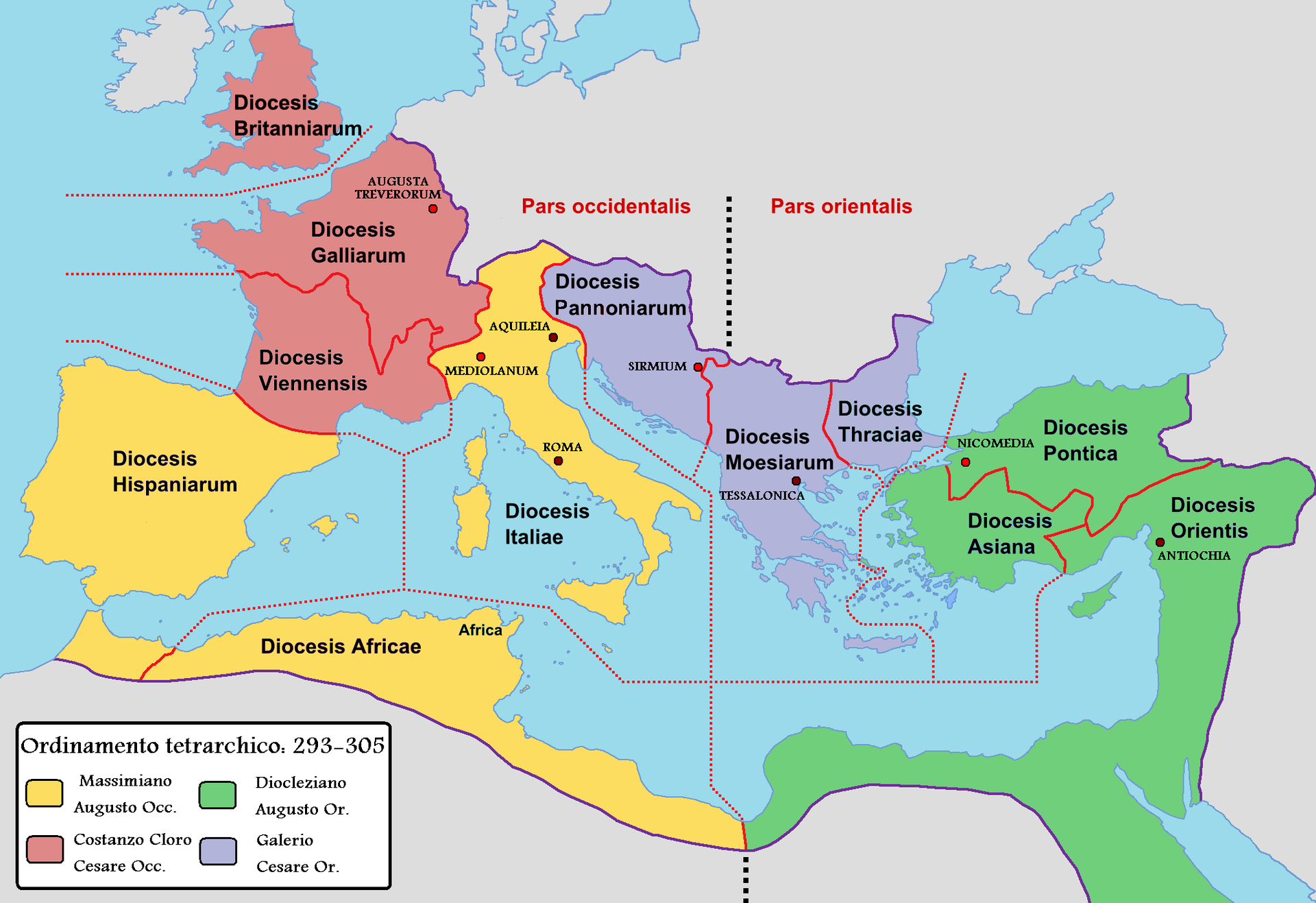 The Roman Empire under the Early Tetrarchy. Maximian's area of exclusive responsibility shown in yellow, shared with Caesar in red