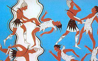 Mycenaean warriors from the frescoes of the palace at Pylos, 1300 BC