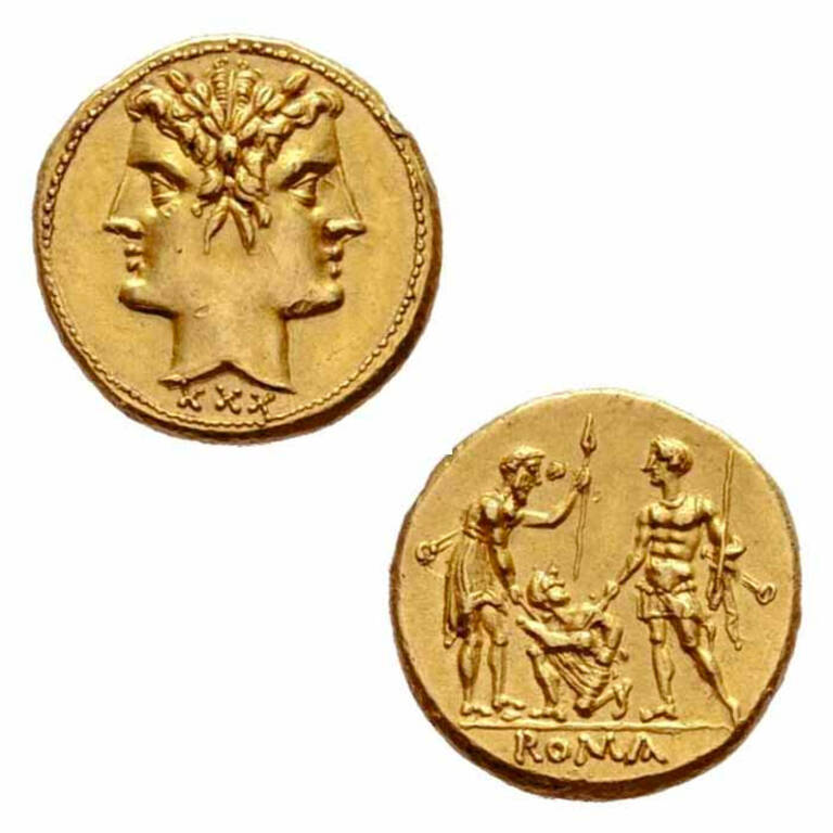 30 asses 217 - 215 BC e. - gold coin of the early Roman Republic. Gold, weight 4.48 grams.