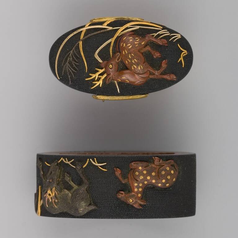 Фучігашира із зображенням оленів. Мідно-золотий сплав (сякудо), мідь, золото, срібло. Японія, XVIII століття