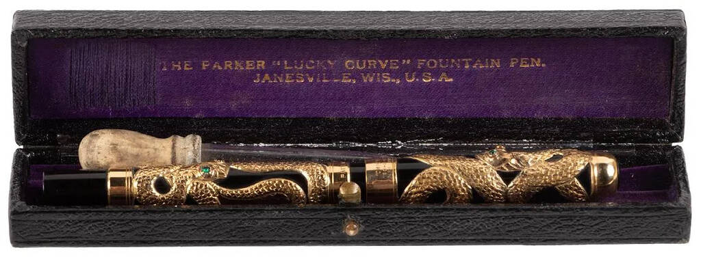 Перова ручка Parker No. 38 Lucky Curve з позолоченою накладкою у вигляді змії. США, бл. 1905 року