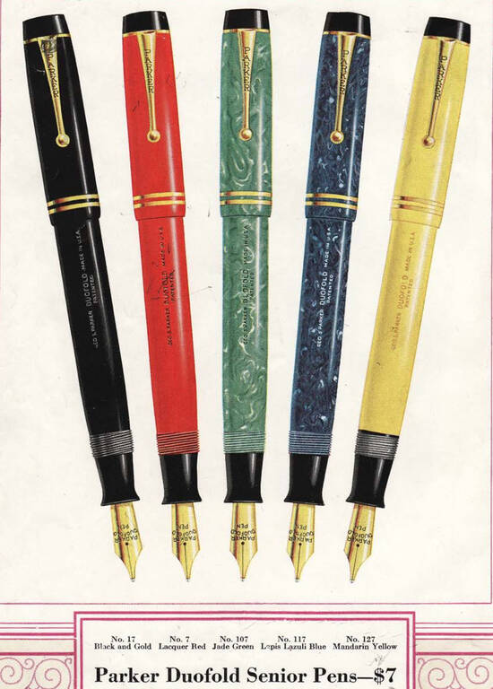 Parker Duofold Senior Streamline у 5-ти кольорах (новий дизайн з обтічними формами). З каталогу 1929 року