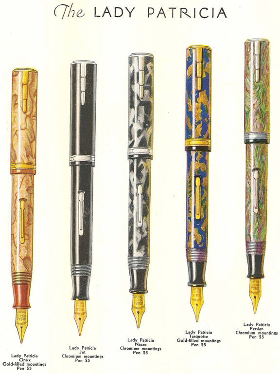 Асортимент кольорів ручок Waterman Lady Patrician з каталогу продукції 1933 року. Зліва направо: Onyx, Jet, Nacre, Turquoise і Persian