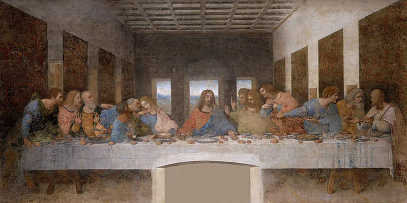 Леонардо да Вінчі. Тайна вечеря. Розпис стіни в домініканському монастирі Санта-Марія-делле-Граціє в Мілані. 1495-1498 роки