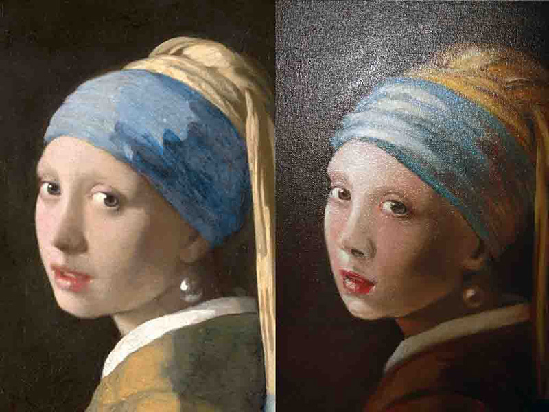 Ліворуч – фрагмент оригінальної картини Яна Вермеєра «Дівчина з перламутровою сережкою» (1665 рік), праворуч – копія у виконанні сучасного художника