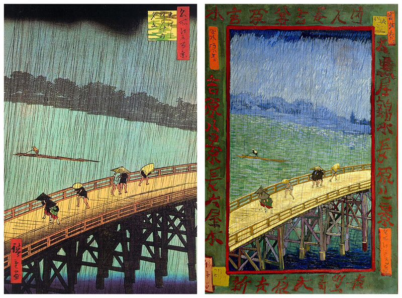 Ліворуч – гравюра «Раптовий дощ над мостом Сін-Охасі» японського художника Утагава Хіросіге із серії «Сто знаменитих видів Едо» (1855–1858 роки), ліворуч – інтерпретація Вінсента ван Гога «Міст під дощем» (1887 рік)