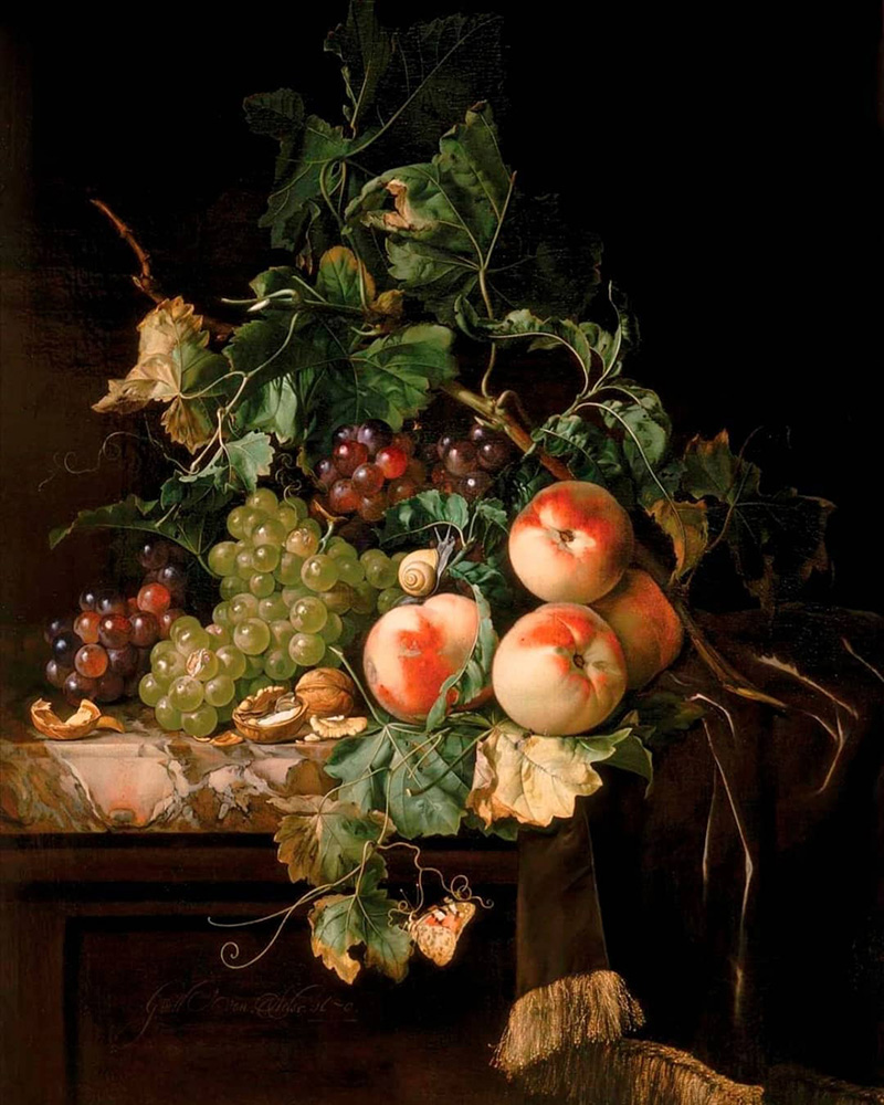 Віллєм Ван Альст. Натюрморт з виноградом, персиками та волоськими горіхами. 1670 рік