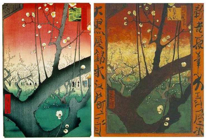 Ліворуч – гравюра «Квітучий сливовий сад в Камейдо» японського художника Утагава Хіросіге із серії «Сто знаменитих видів Едо» (1855–1858 роки), ліворуч – інтерпретація Вінсента ван Гога «Цвітіння сливового саду» (1887 рік)