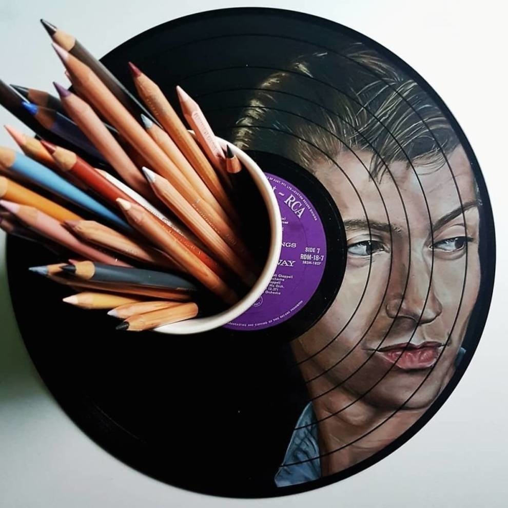 Old record + color pencils = masterpiece