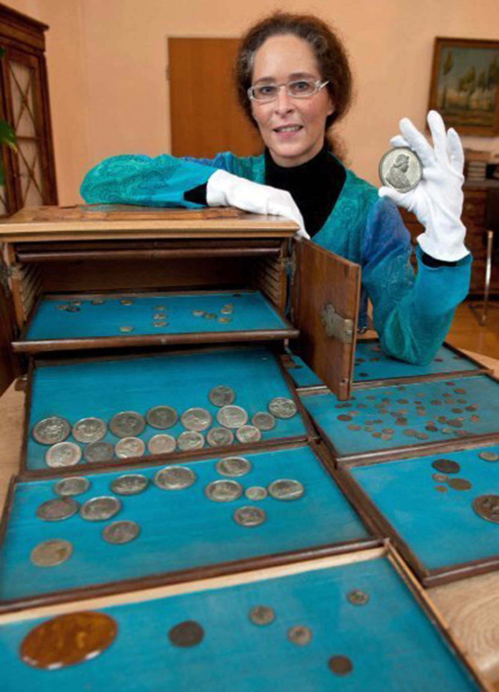 A collection of antique coins found by a cleaner from the Bavarian Library