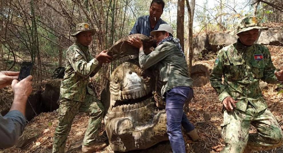 An ancient statue of a mythical creature has been found in Cambodia