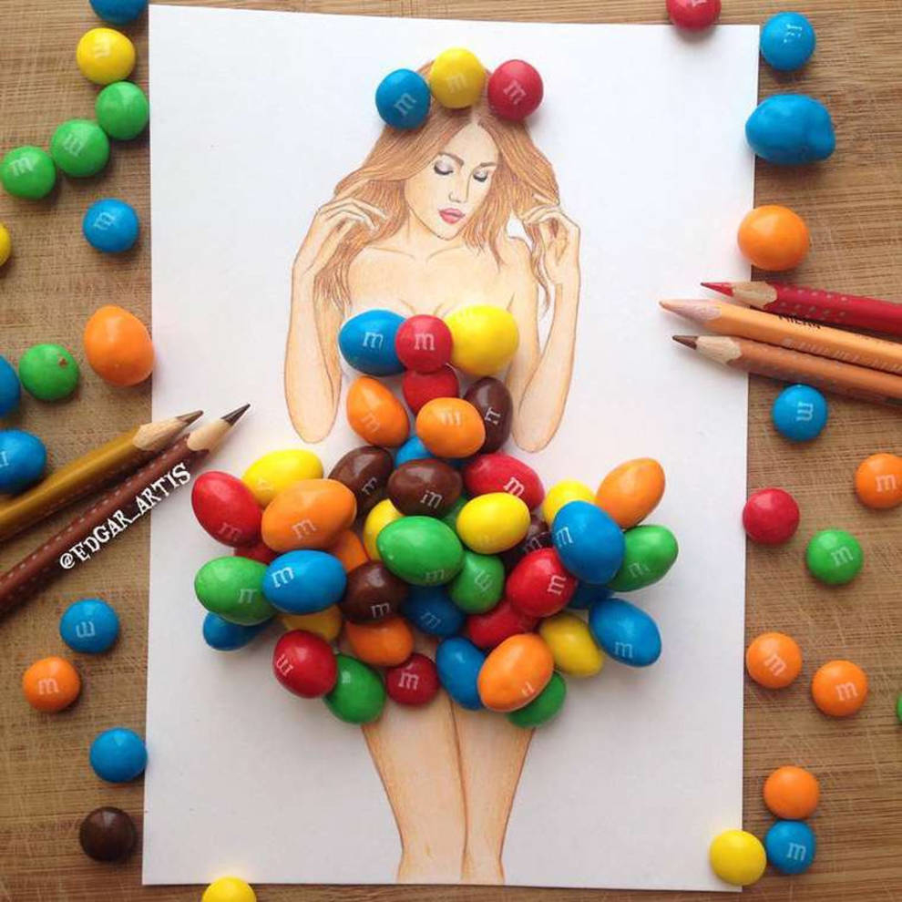 Colorful dragees and pieces of kiwi - creative images of the Armenian illustrator