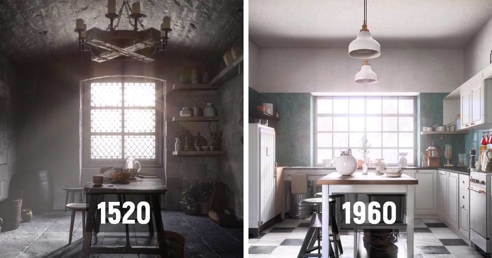 Дизайнеры из HomeAdvisor показали, как менялся интерьер кухни в течение 500 лет (Видео)